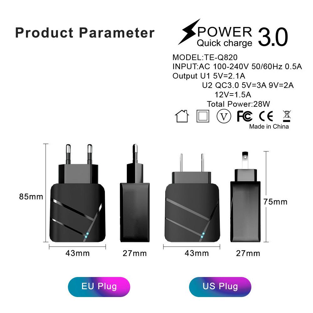 Dual Port USB Charger: QC3.0 & 2.1A Multi-Port Fast Charging Head, US/EU Compatible Travel Adapter