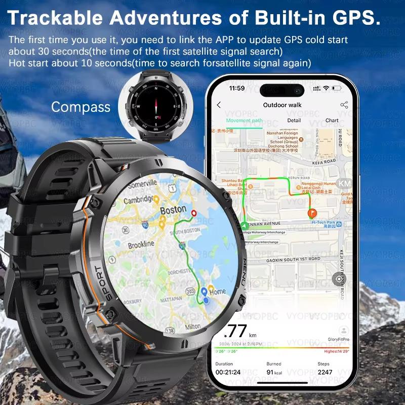 2025 NEW Outdoor Military GPS Smartwatch Men 1.73"HD Screen Compass 1000MAH Heart Rate BT Call 10M Waterproof Watch for HUAWEI