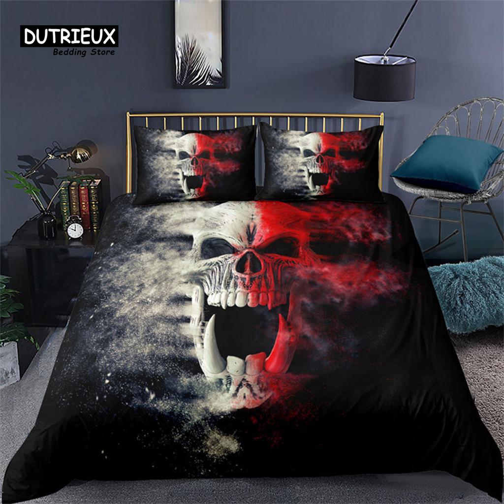 Colorful Sugar Skull Skeleton Quilt Cover Gothic Skull Bedding Set Queen Size Microfiber Horror Theme Feather Black Duvet Cover
