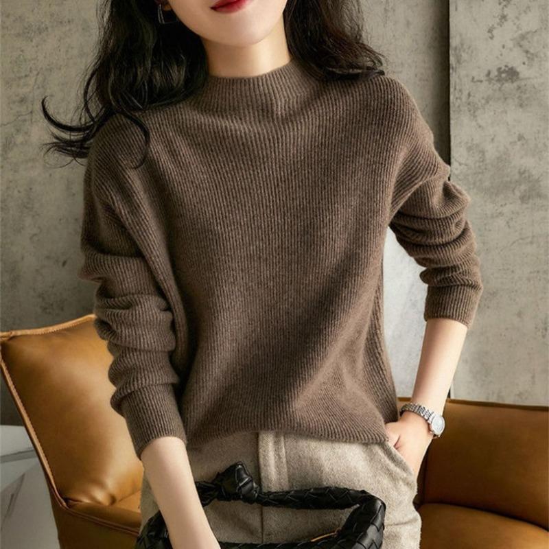 Solid Color Casual Versatile Pullover Sweater with Women's Autumn and Winter New Thin Semi-turtleneck Knitted Bottoming Shirt Top Tide