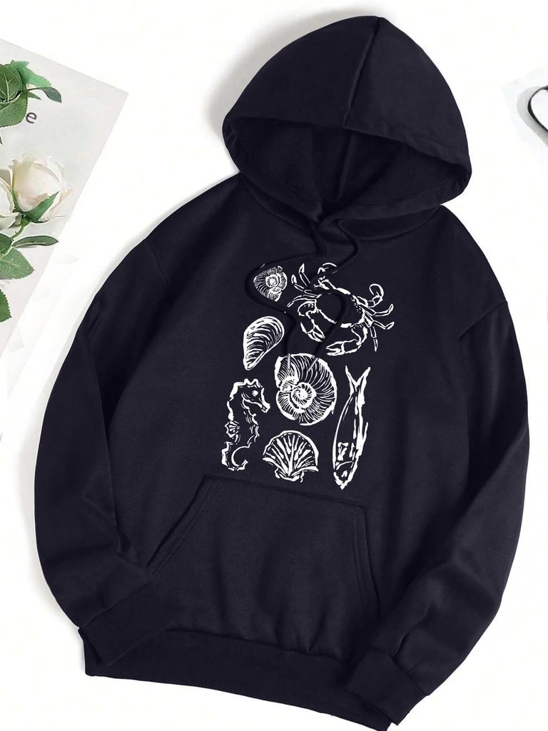 Ocean Fauna Fish Conch Design Women Hoody Loose Fleece Hoodie Autumn Y2K Pocket Hoodies Multicolor Soft Woman Streetwear