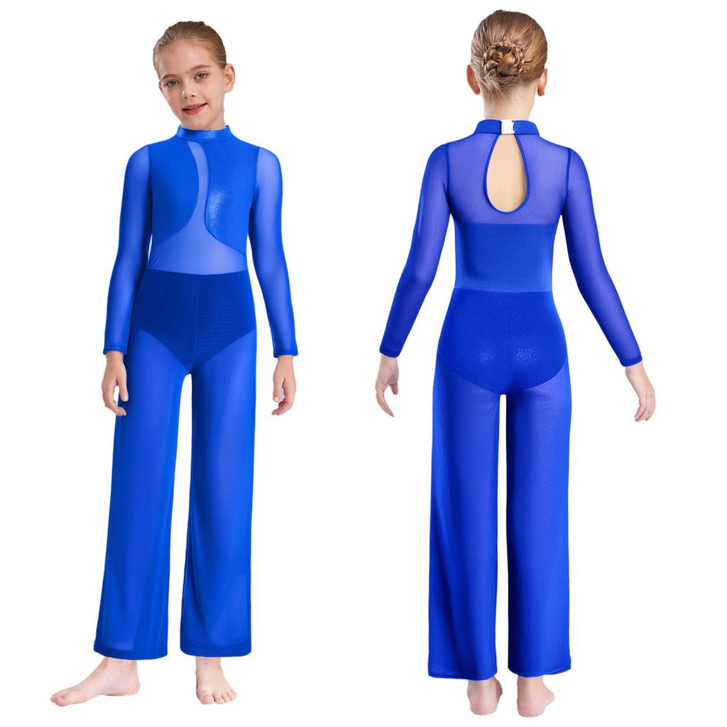 Transparenter Netz-Jumpsuit mit weitem Bein und Metallic-Effekt für Mädchen: Langarm Ganzkörper-Trikot mit Schlüsselloch-Rücken für Gymnastik und Bühnenauftritte