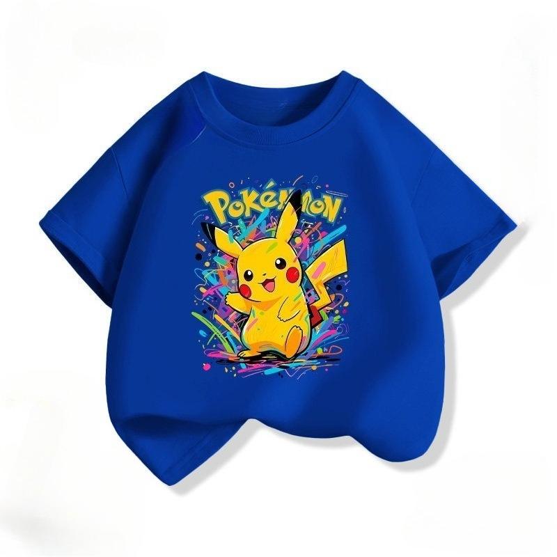New Pokémon-themed Children's Cotton Short-sleeved T-shirt, Round Neck  Unisex, Casual Wear, Parent-child Set, Summer Clothing.