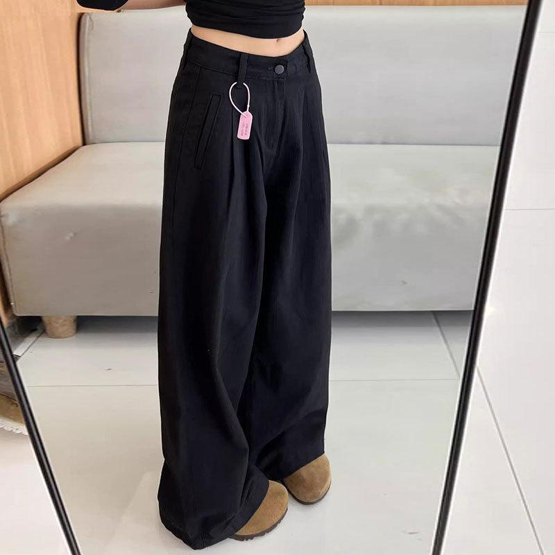 Damen Schwarze Jeans Locker High Waist Gerades Bein Lässig Weites Bein Jeanshosen