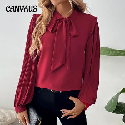 Spring and Autumn Temperament Shirt Lantern Long Sleeve Bowknot Collar Solid Colour Women's Shirt