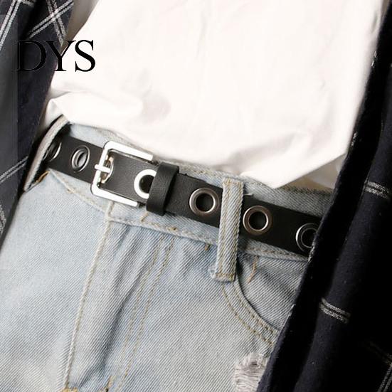 Durable Women Belt With Simple Design Thin Pants Metal Buckle Faux Leather Hollow Circle Waistband Adjustable Length Multi Holes Jeans