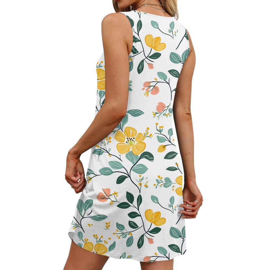 Women's Casual Retro Illustration Flower Print U-Neck Vest Dress With Side Pockets