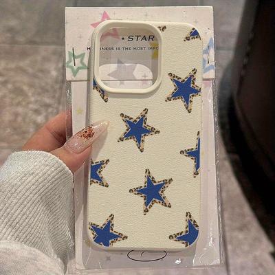 A Blue Star-Patterned Lychee-Textured Phone Case, Suitable for iPhone 17, 16, 15, Plus, Pro, Max Series Phones—Can Be Used As a Gift