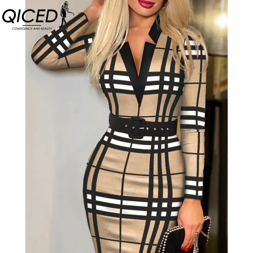 

QICED Женские Модные Весенне-Осенние Платья с Длинным Рукавом, V-образным Вырезом и Завышенной Талией XXL