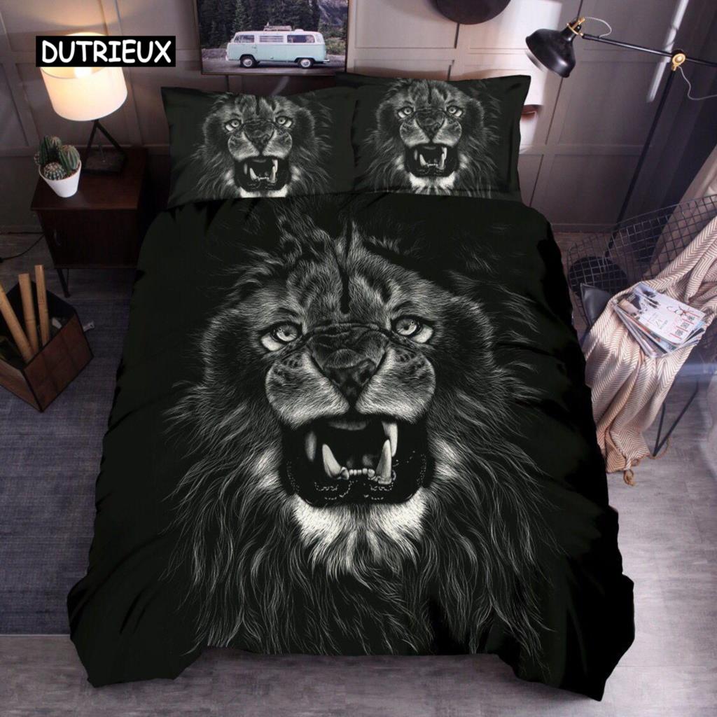 Animal Duvet Cover Set Queen Size Polyester Lightning Lion Pattern Comforter Cover Grey Black Soft Bedding Set For Teen Boys Man