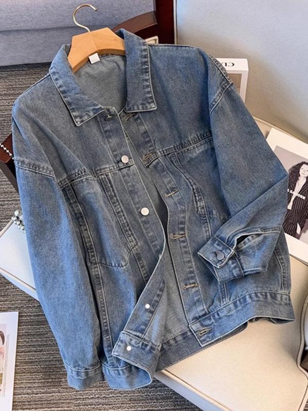 Korean Style 2025 Loose Mid-Length Denim Jacket with Large Pockets for Women Students