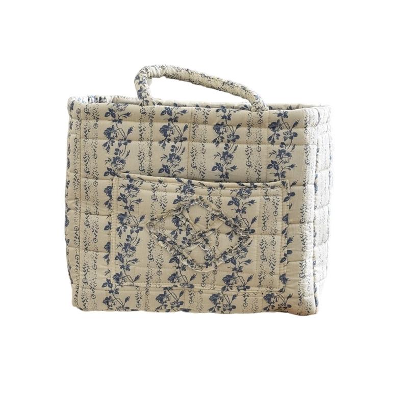 Floral Pattern Quilted Cotton Storage Basket Foldable Lightweight with Handles for Home Laundry Toy Organization