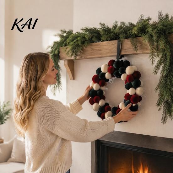 Elegant Christmas Atmosphere Prop Pom Wreath for Front Door, Red Green White Velvet Flocking Hanging Holiday Party, Porch, Wall, Home Decor Soft Touch