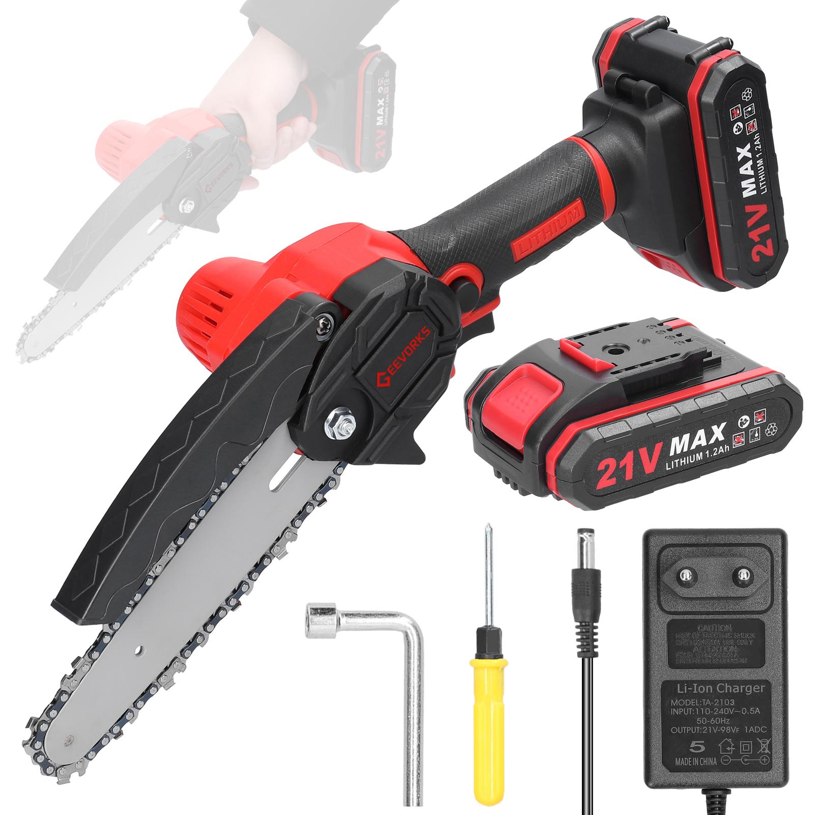 

21 В 6-дюймовые портативные электрические обрезные пилы, маленькая бензопила для раскалывания древесины, щеточный двигатель, одна рука 2pcs batteries EU Plug