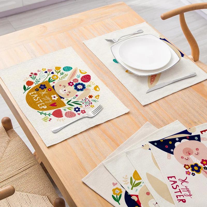 Easter meal mat, cartoon rabbit kitchen insulation coaster, heat-resistant cotton and linen Western style mat home decor
