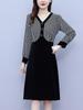 Women's Houndstooth Velvet Patchwork High Waist Midi Dress