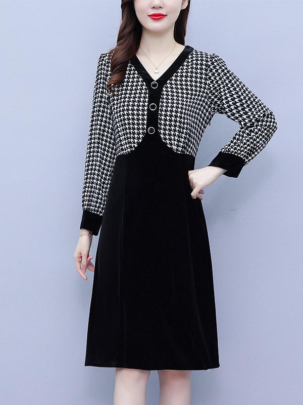 Women's Houndstooth Velvet Patchwork High Waist Midi Dress