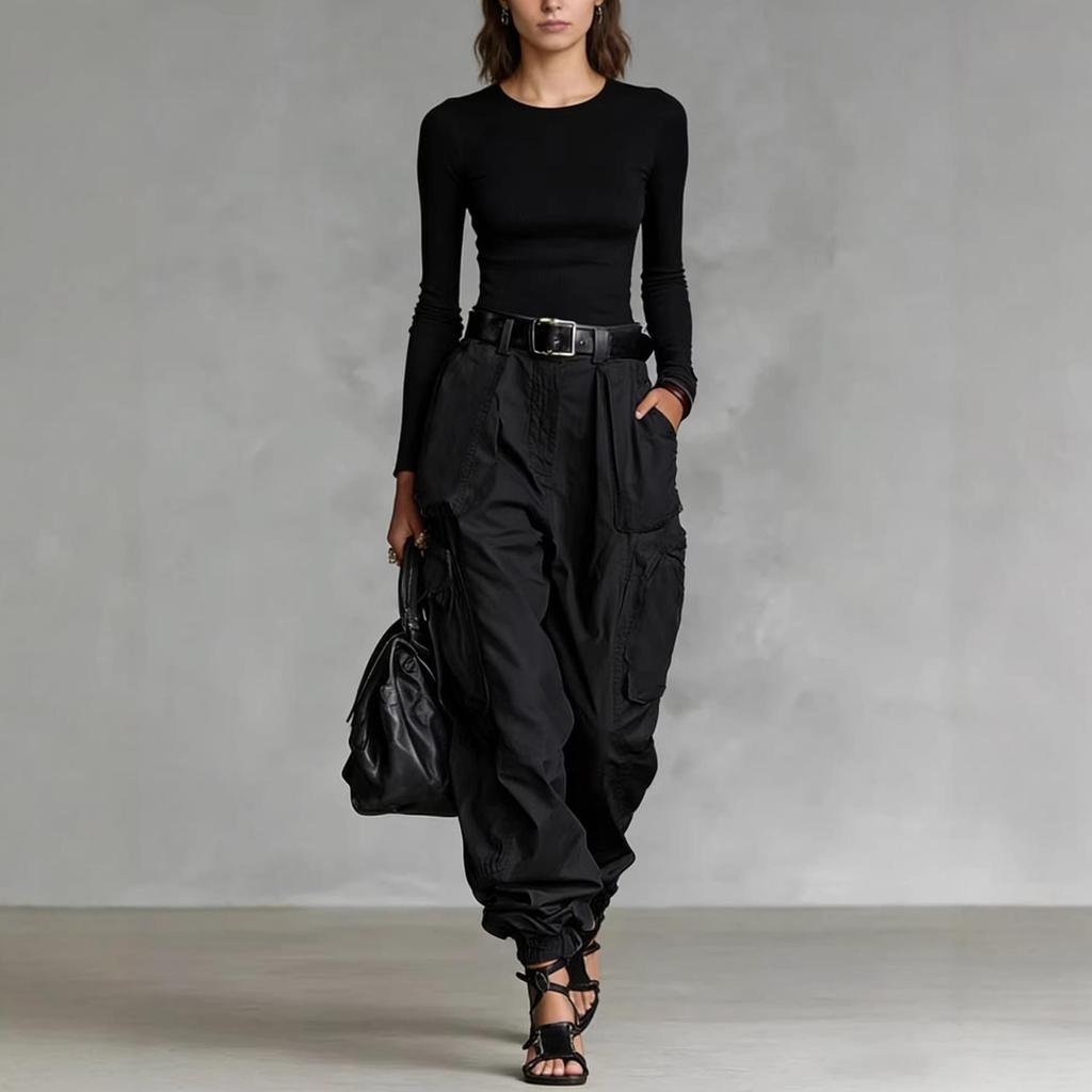 Vintage Streetwear Cargo Kalhoty Módní Dámské Jednobarevné Velké Kapsy Ležérní Nové Kalhoty Knoflík Vysoký Pas Volné Kalhoty Oblečení