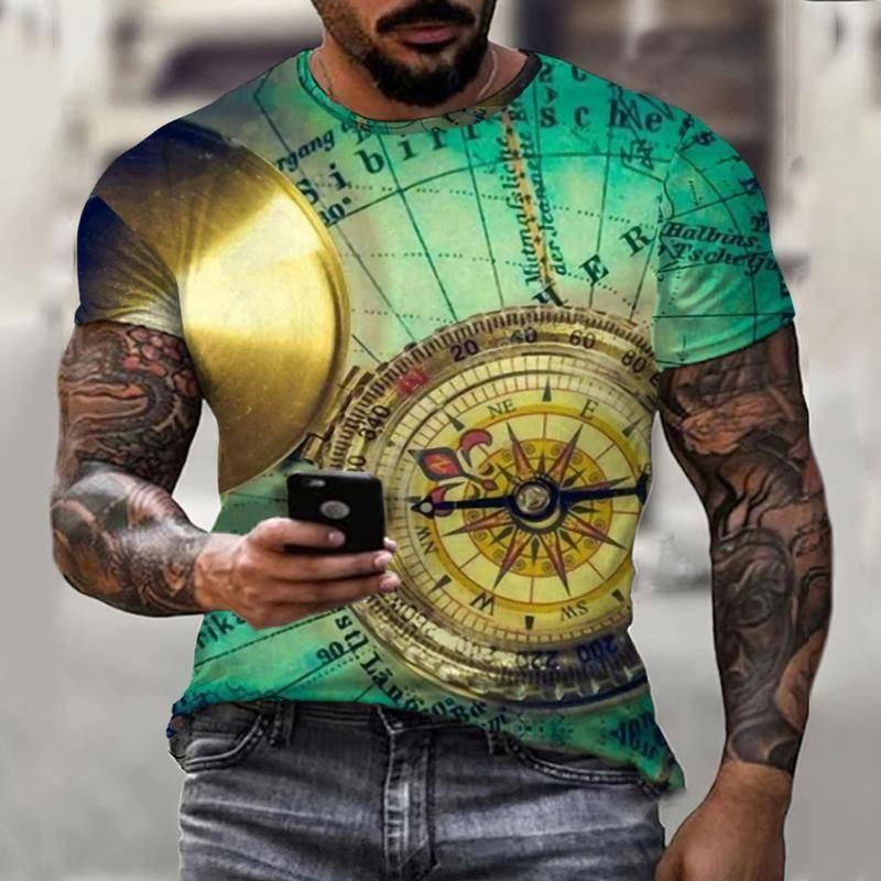 Summer Retro Compass T-shirt Men's 3D Printed T-shirt Fashionable Street Harajuku T-shirt Short Sleeved Oversized Top Men's Clothing