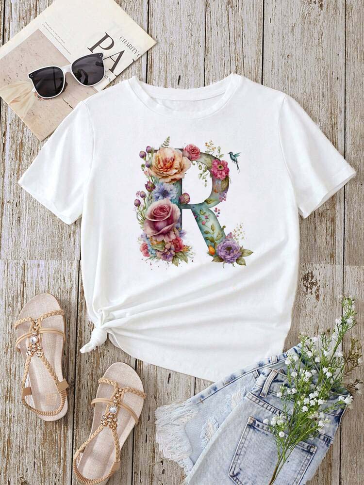 Custom Name Letter Combination Fashion Women T-shirt Floral Letter Font A B C D E F G Short Sleeve Tops White T-shirt