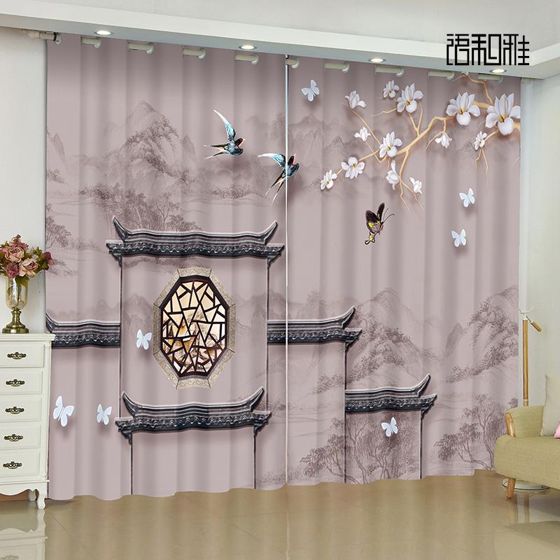 2 Paneel Chinesischer Vorhang Kran Landschaft Vorhang für Schlafzimmer Wohnzimmer Raumhohe Fenster Jalousien cortinas Ösenaufhängung