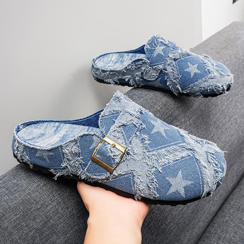 Men Denim Frayed Edge Closed Toe Soft Sole Slip On Outdoor Casual Summer Slippers