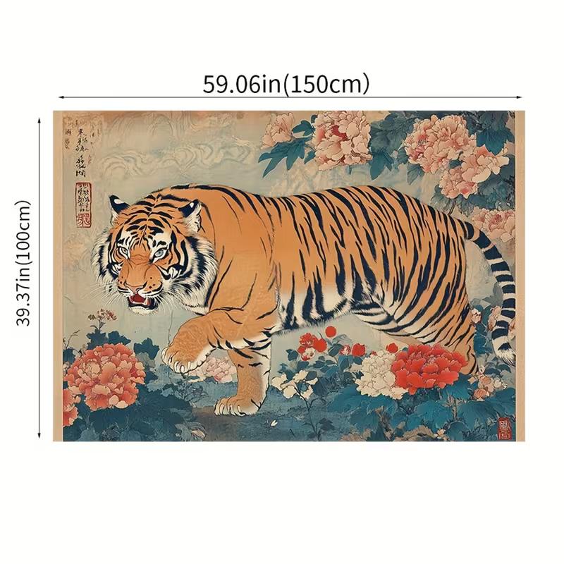 2D Traditional Japanese Tiger Tapestry Floral Peony Wall Hanging