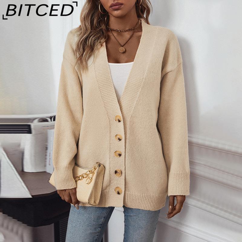 BITCED Elegant Knit Cardigan for Women - Autumn/Winter Solid-Color Single-Button Sweater Jacket