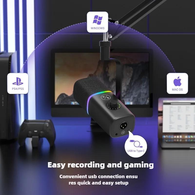 Professional Dynamic Microphone for Streaming Computer Recording Mic Noise Reduction with Pickup RGB Light High-Performance