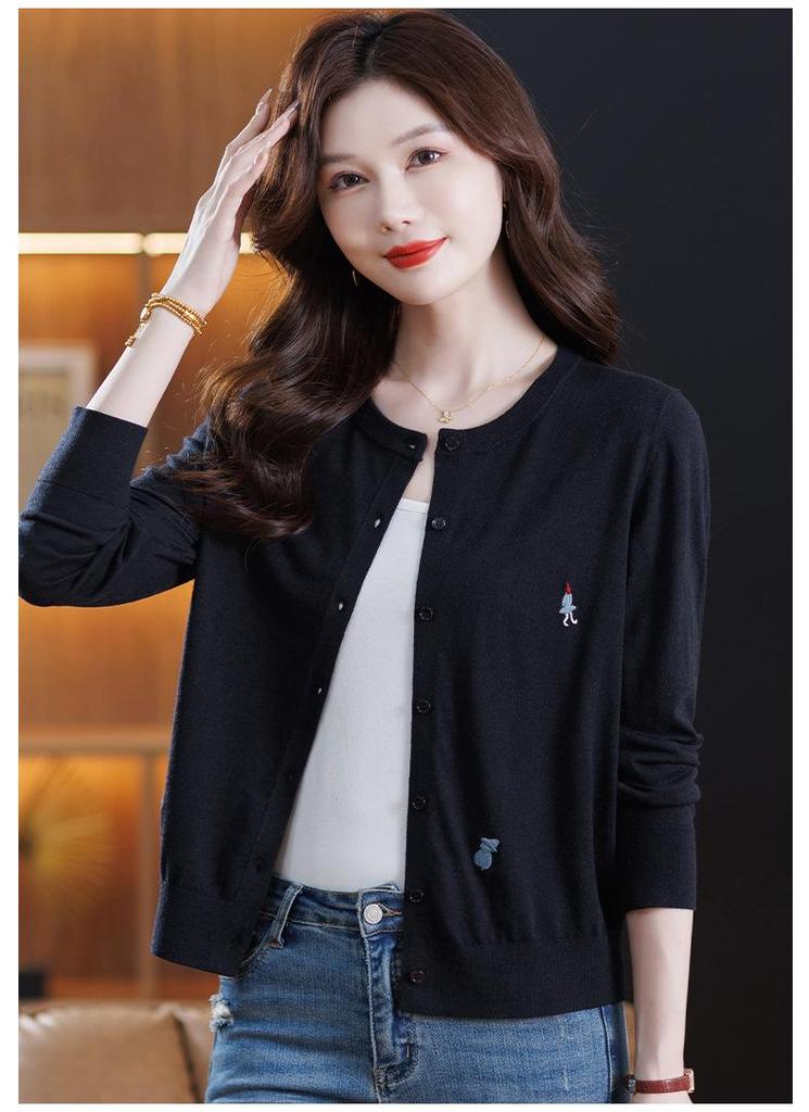 Mulberry Silk Wool Three-Dimensional Embroidery Round Neck Women's Casual Knit Cardigan