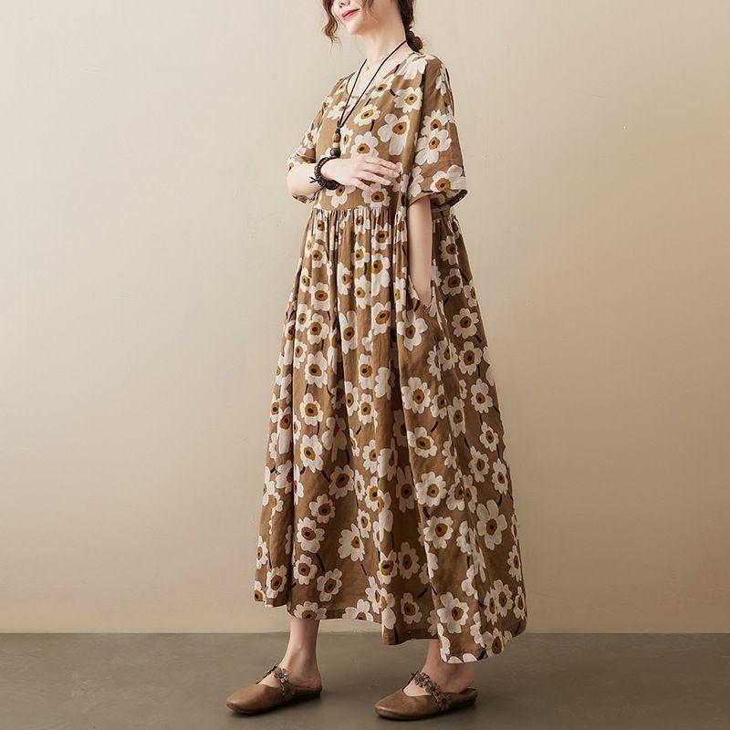 Summer New Literary Age Reduction Large Size Loose and Thin Printed Short-sleeved Long Dress with Pockets Over the Knee Skirt