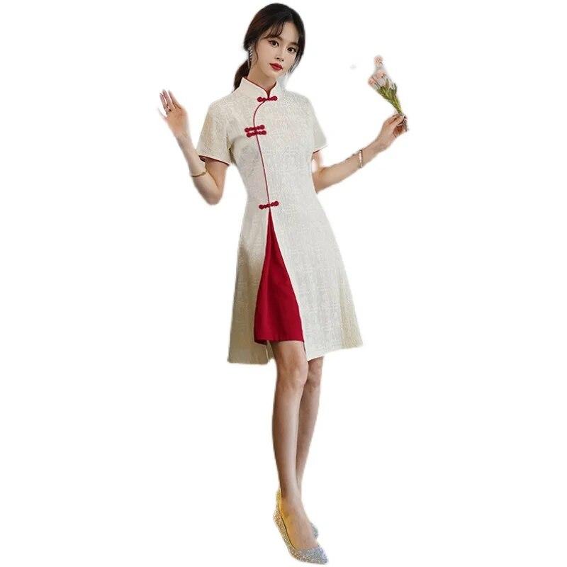 Vintage Chinese Traditional Casual Party Women Qipao Dress Summer Stand Collar Short Sleeve Cheongsam
