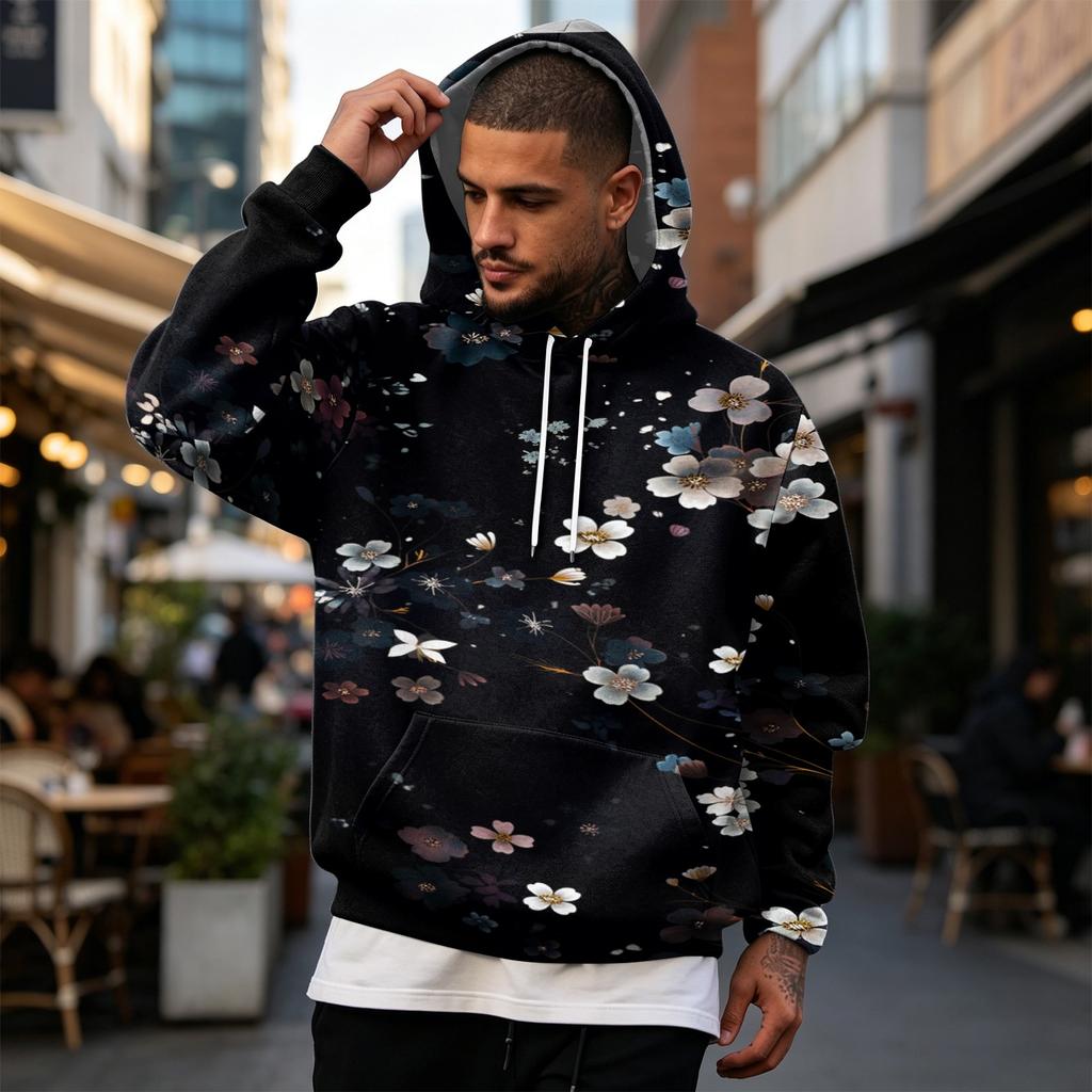 Men's Casual Loose Fit Hoodie with Christmas Print and Large Pockets