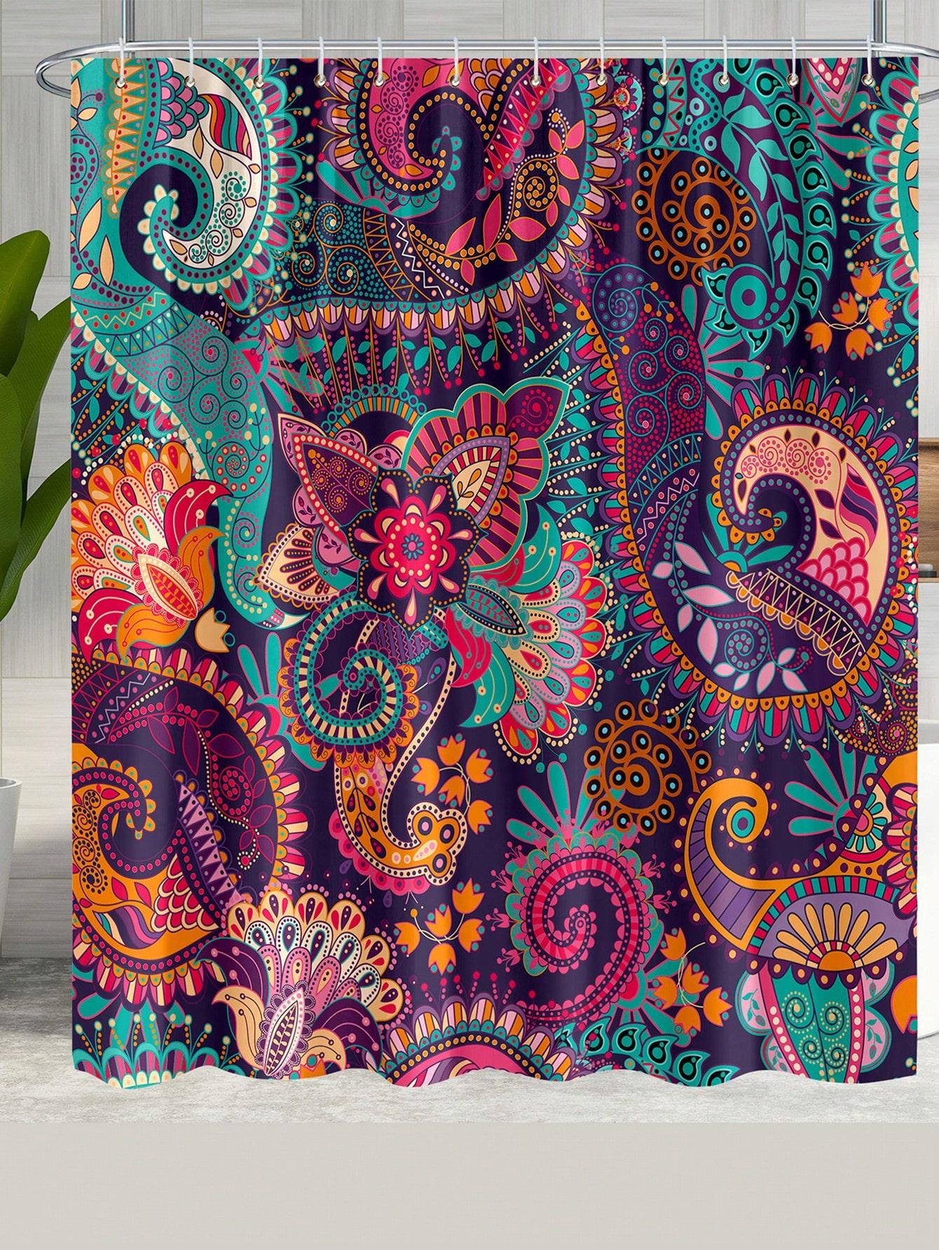 

1Pc Bohemian Floral Shower Curtain,Bath Curtain,Waterproof Polyester Fabric ,Bathroom Decor,Mandala Shower Curtain With 12 Hooks W60H190(CM)-1 Pcs