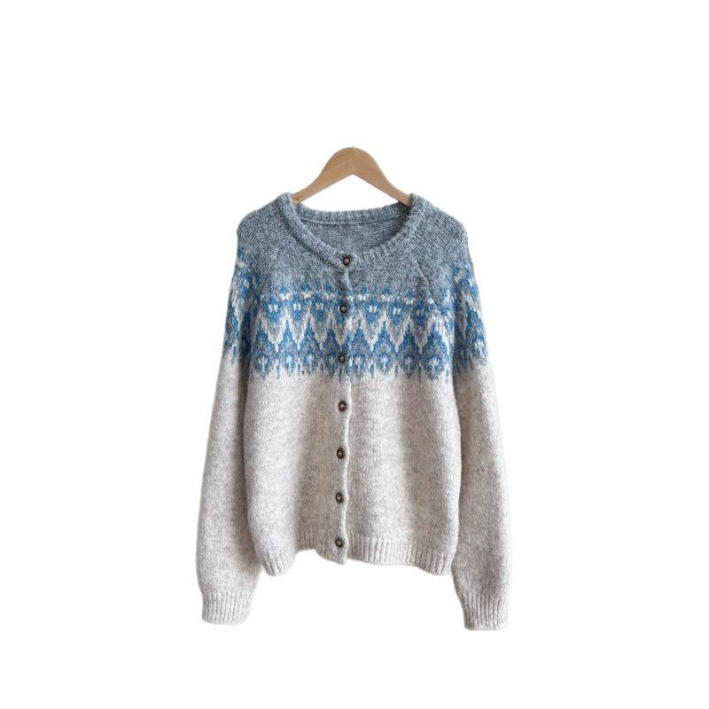 Women's Retro Fair Isle Color Block Knit Cardigan - Korean Style, Thick and Cozy for Autumn/Winter