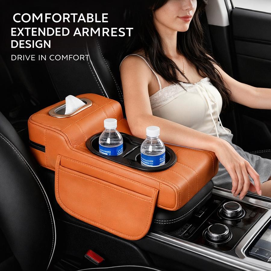 Car Center Console Armrest Box Cushion Pad with Dual Cup Holder Tissue Box Storage Organizer Accessories