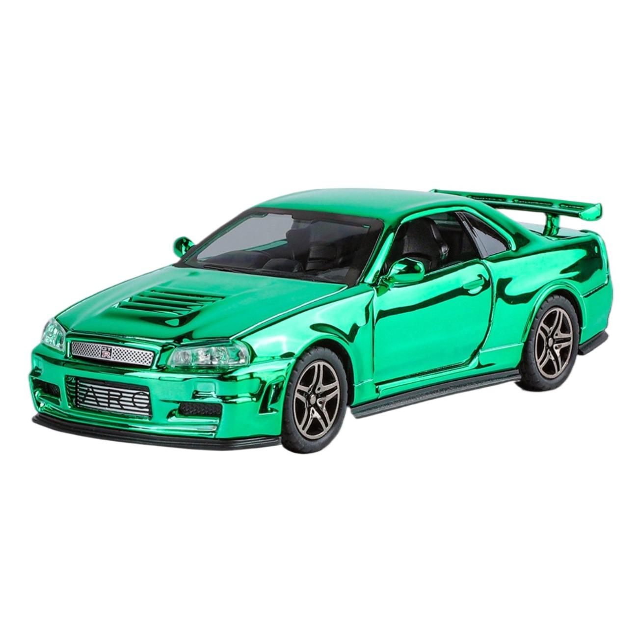 

Гальванизированная модель спортивного автомобиля Nissan Skyline GTR-R34 в масштабе 1/32, звук, свет, литой игрушечный автомобиль, подарок для детей, мальчиков, миниатюрная машина зелёный