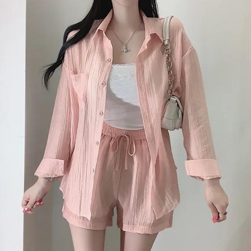 Korean Dongdaemun Fashion Casual Solid Color Slimming Long Sleeve Shirt & Shorts Set Women's Trend