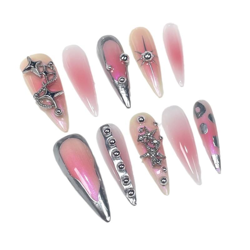 Handmade Press-On Nails With 3D Star Relief Sweet Edgy Metallic Irregular Shape Thin Invisible Fit