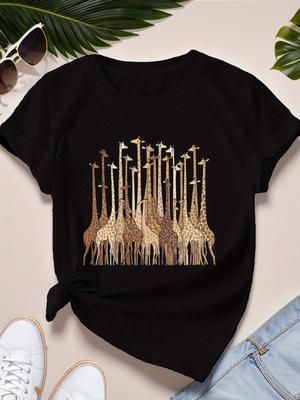 Abstract Giraffes T-Shirt Fashion Illustration Tee Suitable for Daily Leisure And  Comfortable Casual Fit Fashionable for Women