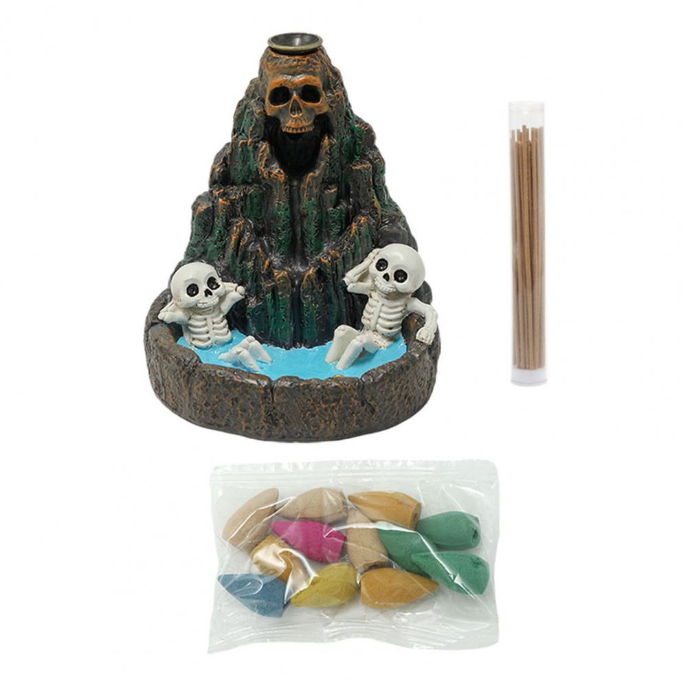 Halloween Skull Mountain Backflow Incense Burner Resin Waterfall Incense Holder with 12 Incense Cones And Stick Home Decor