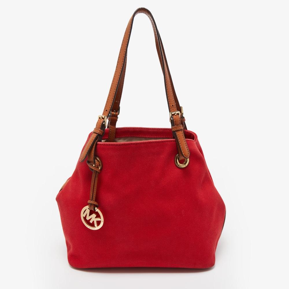 

Michael Kors Красно-коричневая большая сумка через плечо из плотной ткани и кожи красного цвета