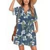 Women's Fashion Smock Hawaiian Floral Casual Short Sleeve V-neck T-shirt Dress Holiday Beach Dress