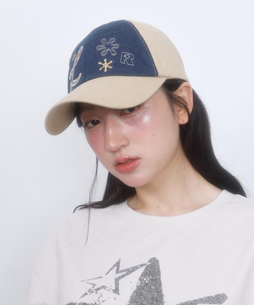 LMR Motif Applique Embroidery Two-Tone Ball Cap Beige