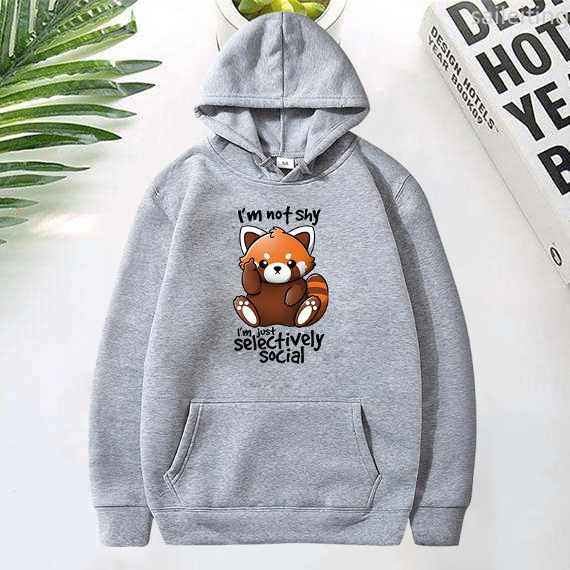 Panda I'M Not Shy I'M Just Selectively Social Printed Kangaroo Pocket Hoodie Women Winter Clothes Aesthetic Clothes