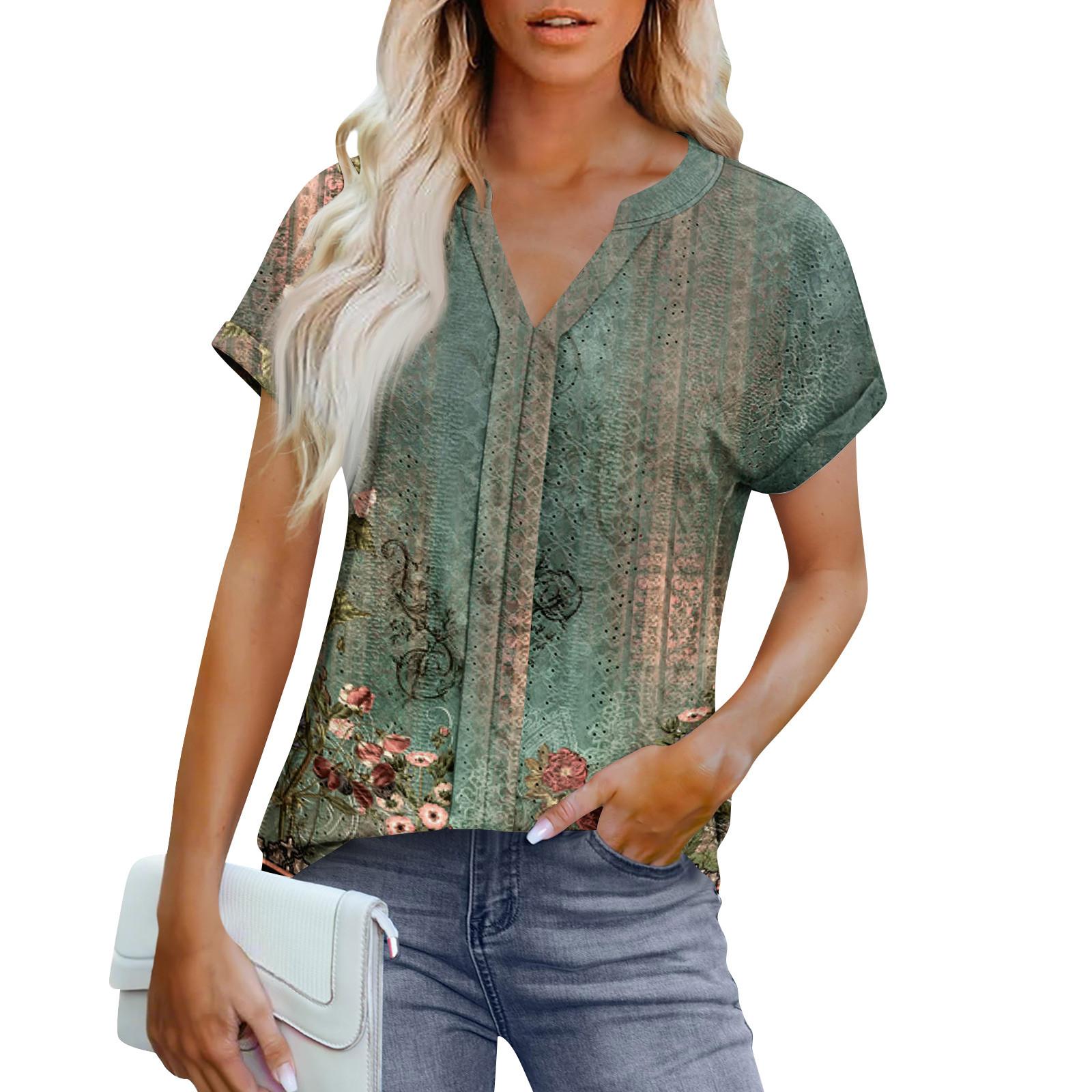 

Женские топы с коротким рукавом V-образным вырезом, блузка, нарядная повседневная одежда с принтом и вышивкой, летняя модная одежда XXL