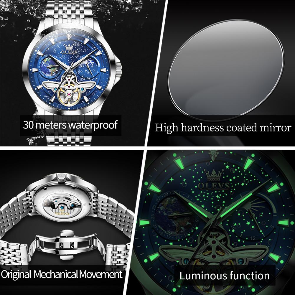 OLEVS Luxury Men Automatic Mechanical Watch Starry Sky Blue Dial Tourbillon Hollow Wristwatch Stainless Steel Waterproof Watch