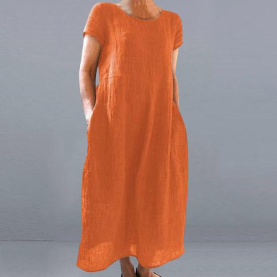 Damenkleid, locker sitzend, Rundhalsausschnitt, einfarbig, kurze Ärmel, maschinenwaschbar, dekoratives Rundhalskleid aus Baumwollflachs