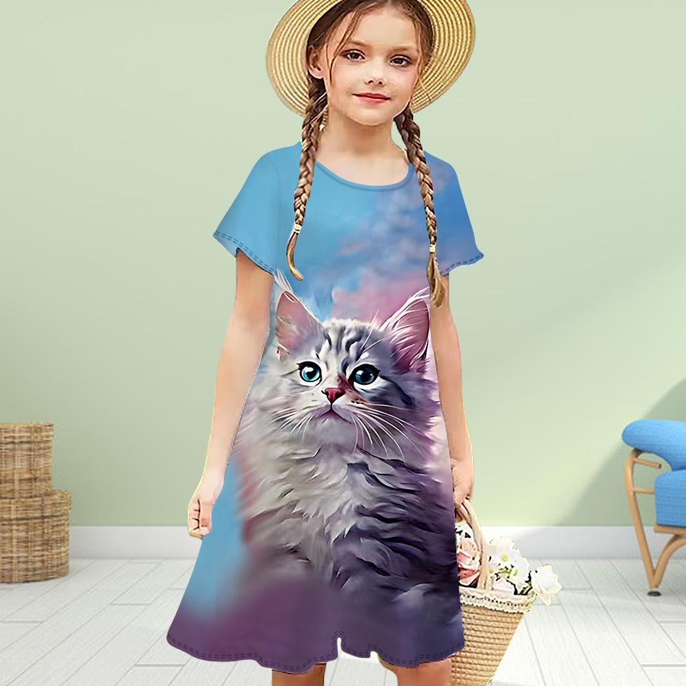

Платья для девочек с 3D-принтом «Звездное небо и кошка», детское платье для вечеринки с короткими рукавами, платье принцессы с 3D-принтом 120 синий