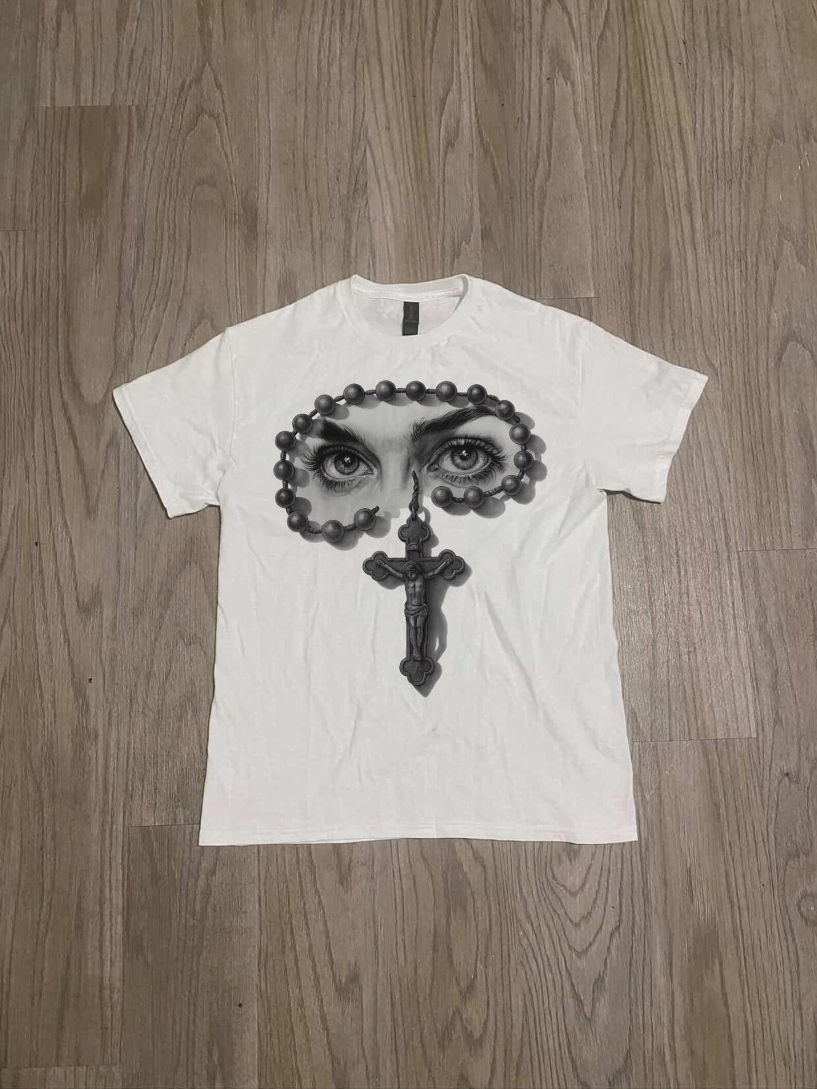 Y2K Cross Unisex Heavy Cotton Tee - 2000s Fashion Streetwear Designer Eyes Black and White Graphic Tee, Vintage T-Shirt, Retro Tee, Trendy L